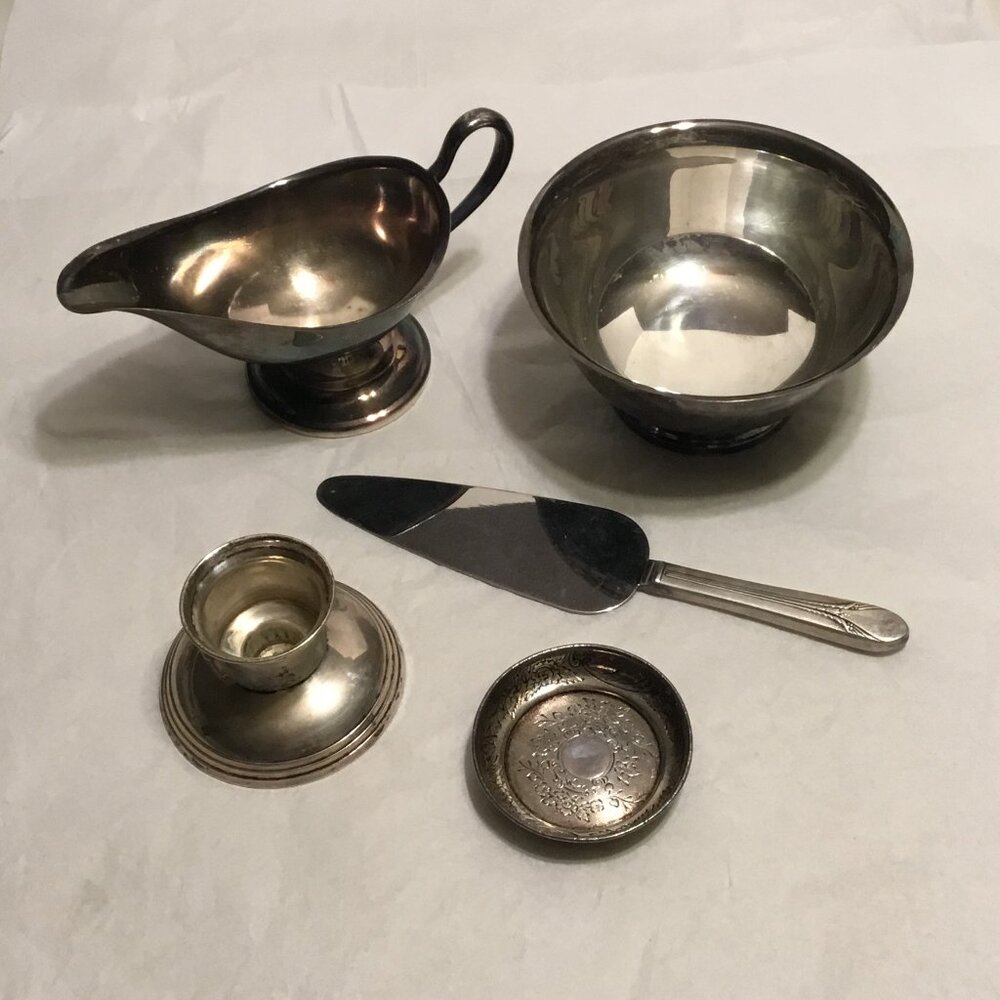 Lot of 5 old, silver-plated items - pie/cake server, bowl, gravy bowl, etc.